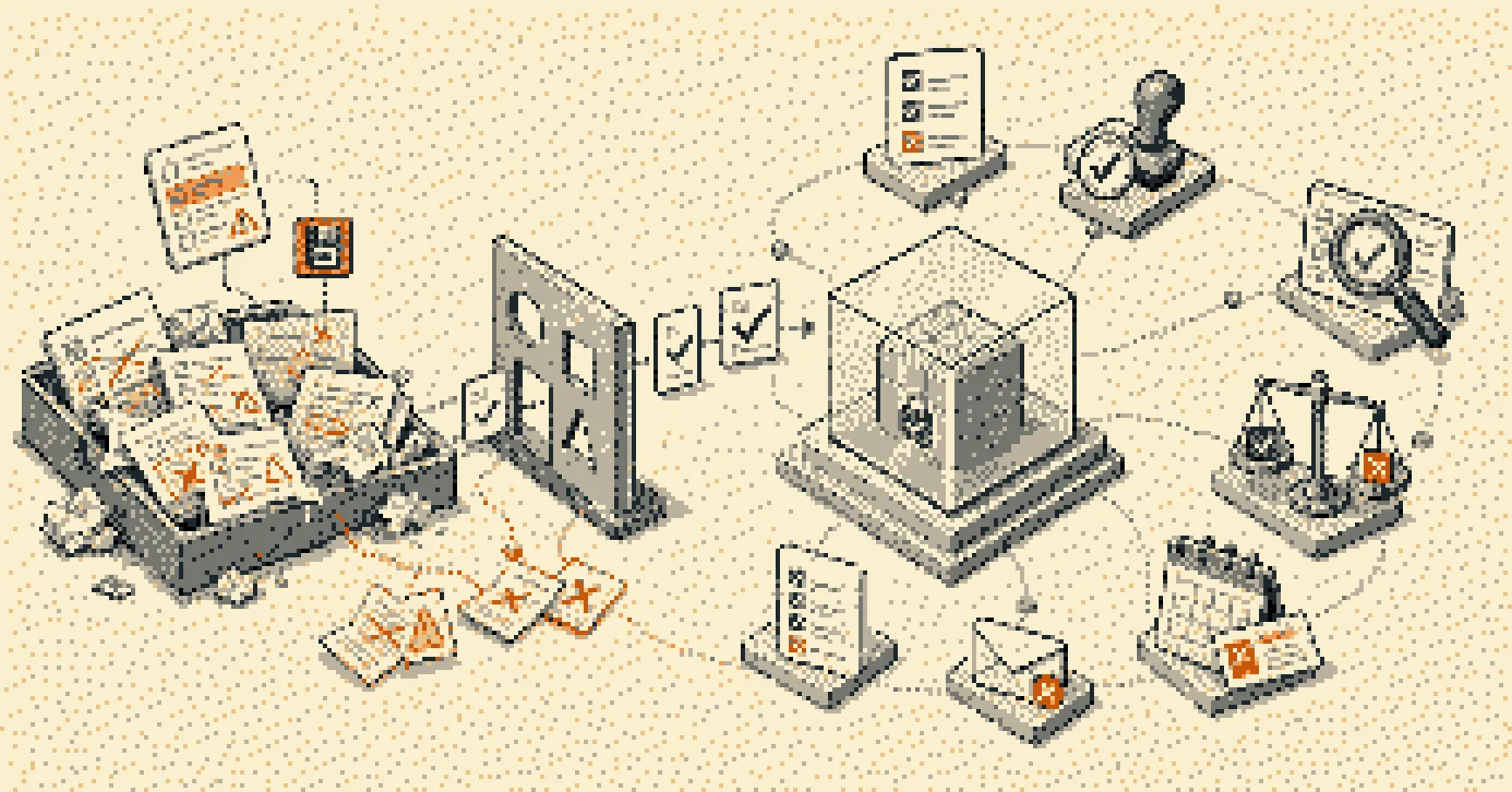 A dithered isometric illustration of messy intent fragments passing through a parser gate into a clean domain entity cube with rule tiles orbiting outside.