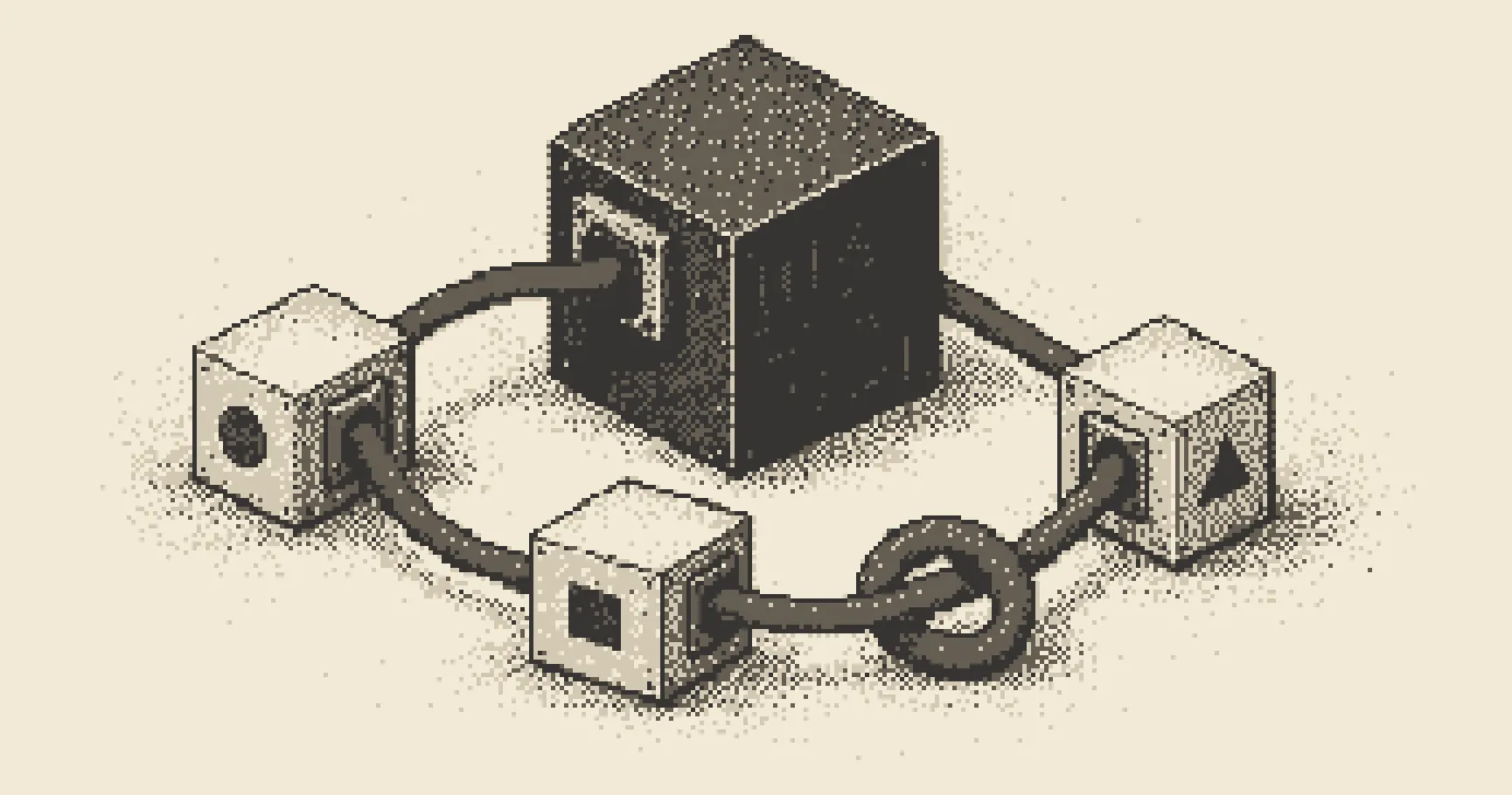A dithered isometric illustration of a charcoal service box connected to three smaller modules by an orange cable that knots and loops back into the box.