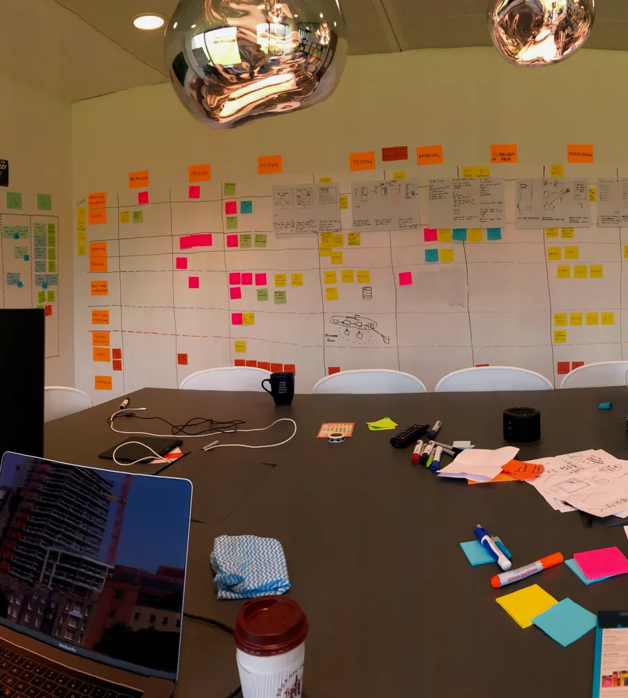 Workshop room with sticky notes