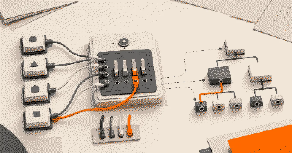 A paper-like switchboard selecting an orange dependency path between module blocks (AI slop)