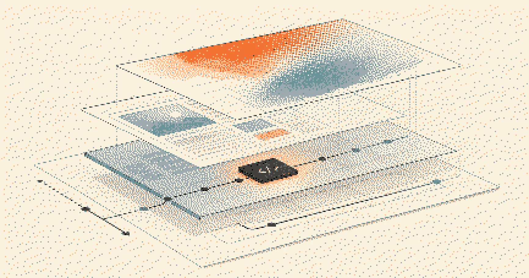 An isometric illustration of a small script block pausing a browser page's paint layer before render.