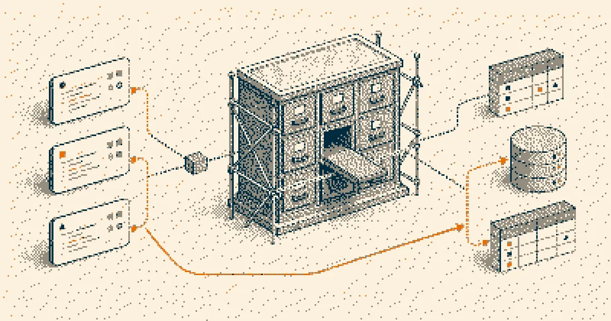 An isometric illustration of orange call paths passing from app code panels through a thin facade panel into database cylinders and tables.