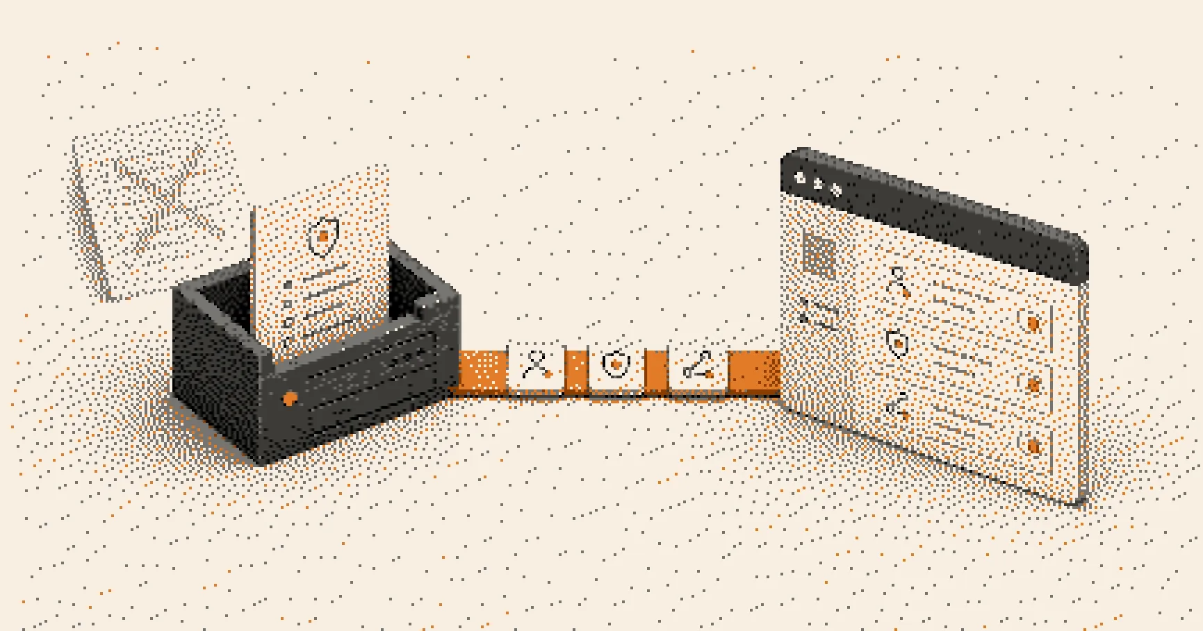 An orange data ribbon connecting to a frontend panel, with a crossed-out duplicate code card behind it.