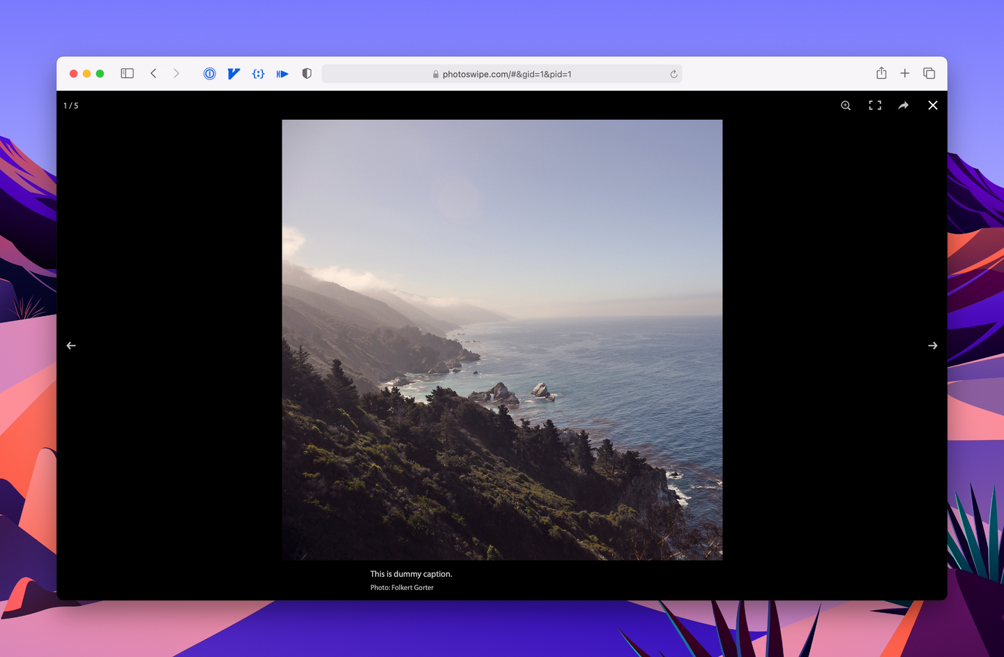 Screenshot of Photoswipe, a JavaScript lightbox plugin